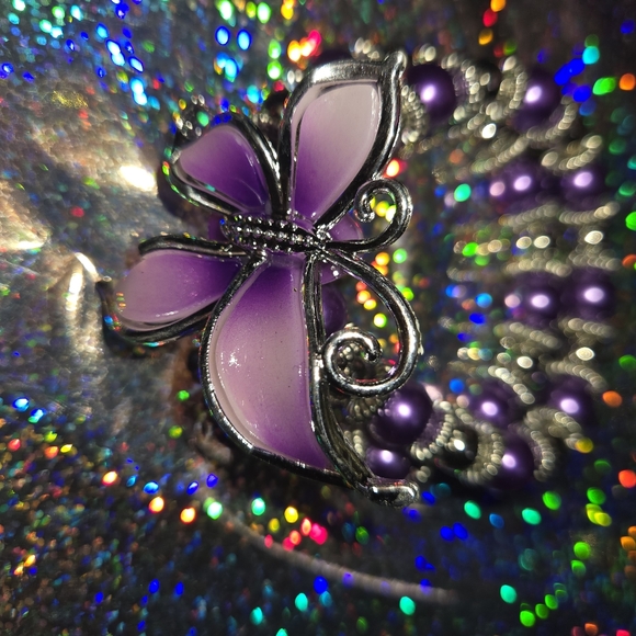 Fashion Jewelry I Butterfly Double Bracelet I Faux Purple Pearl I Expandable - Picture 8 of 9